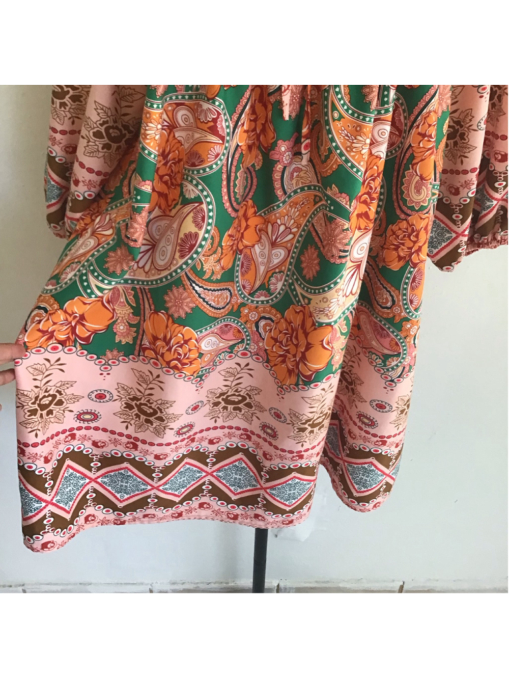 BLUETIME Women Fun Long Sleeve Dress Size M Orange Green Paisley Floral SZ L - Picture 5 of 8